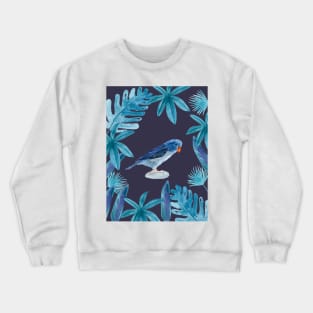 Blue Pacific Parrotlet with tropical leaves and an indigo background Crewneck Sweatshirt